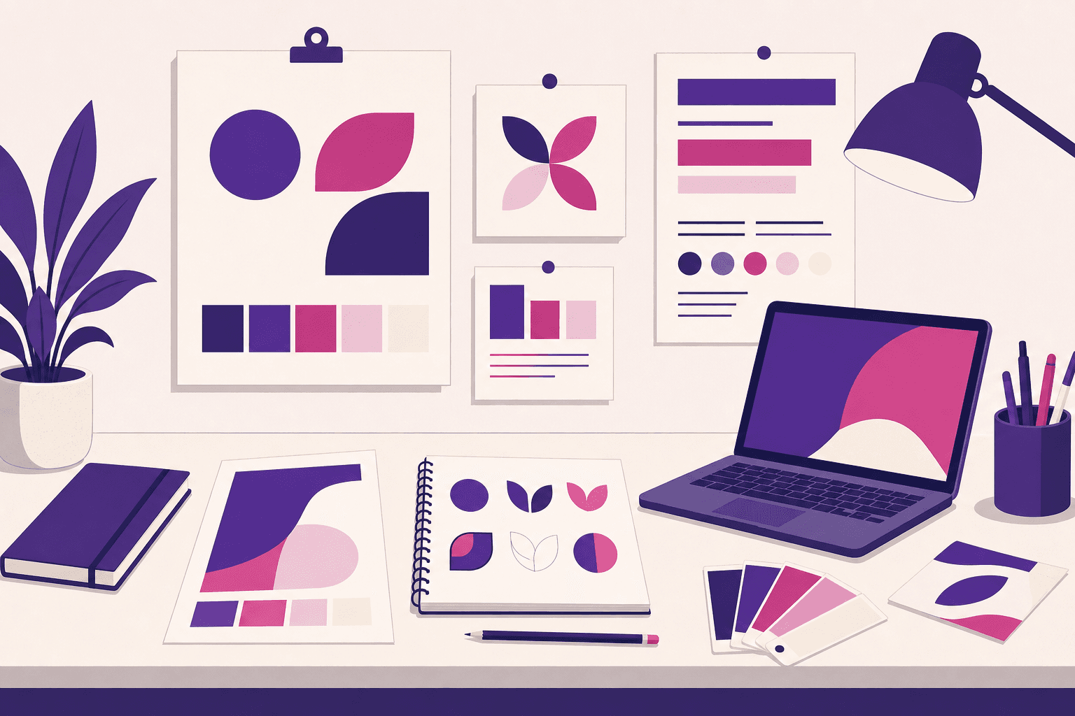 Representação gráfica de elementos de branding como logotipo, cores e tipografia