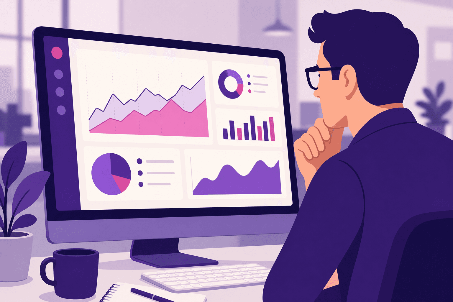 Gráfico de desempenho de SEO em tela de computador com elementos de análise digital