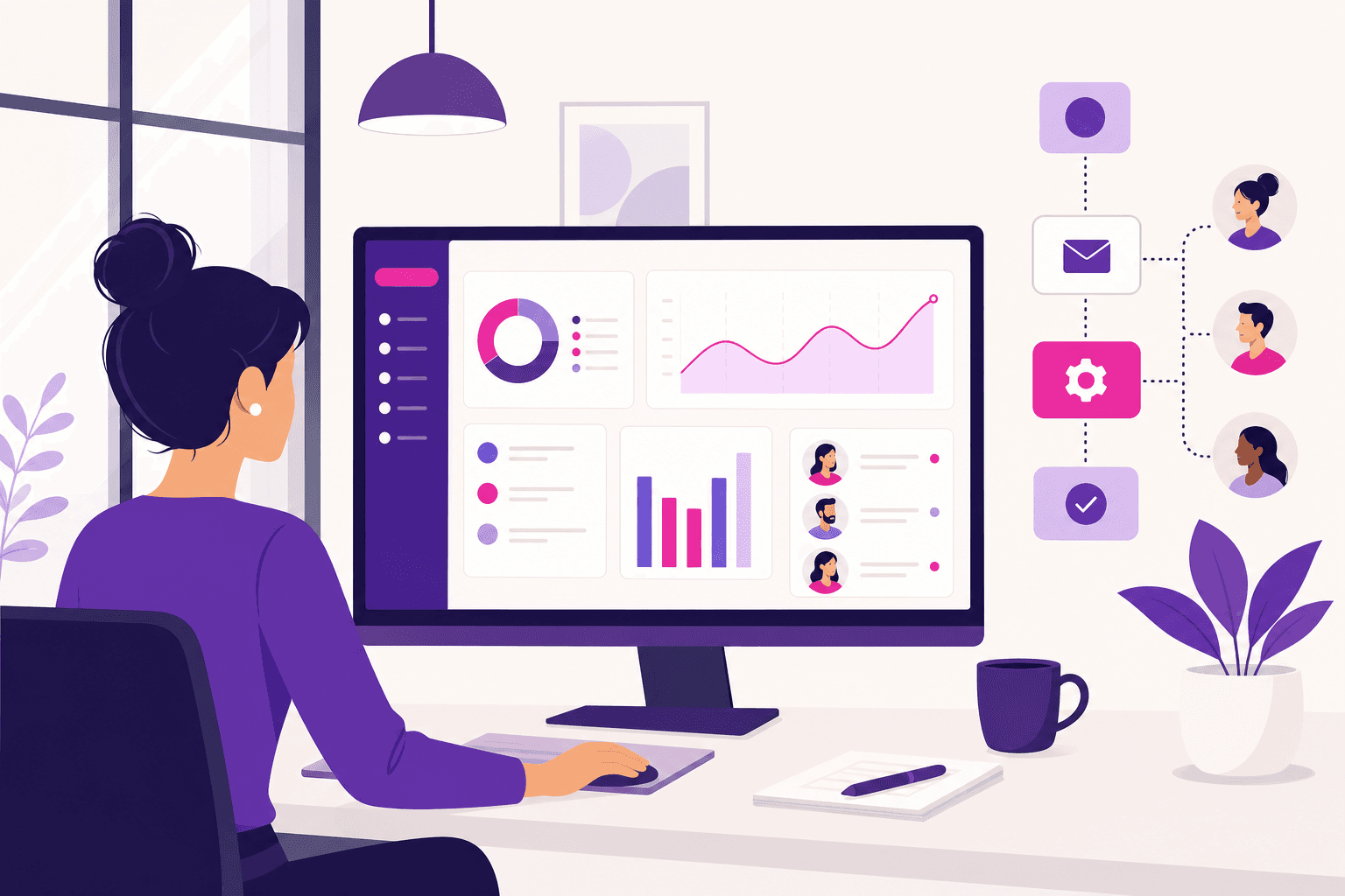 Computador exibindo painel de controle de sistema web com gráficos e automações