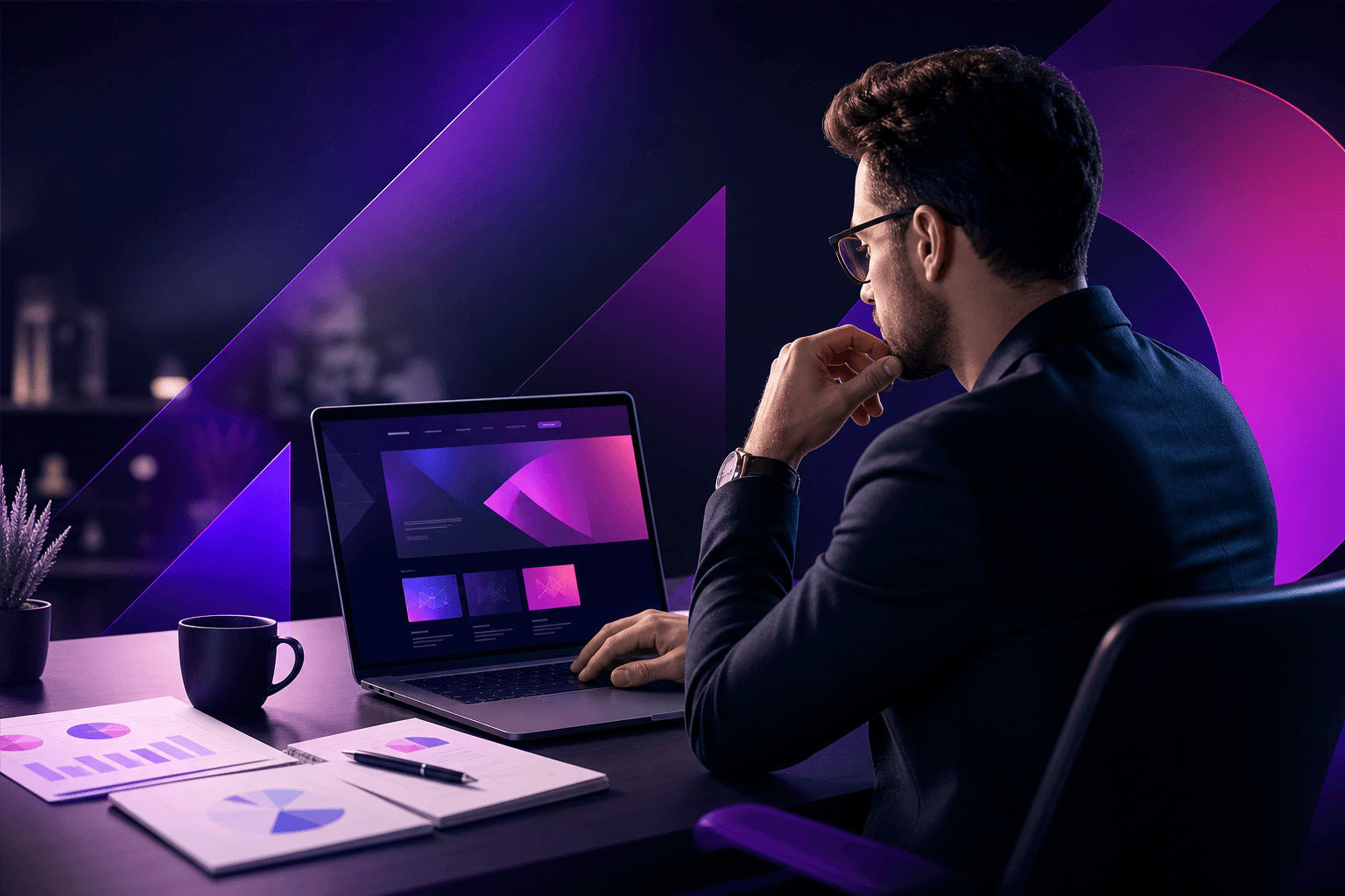 Pessoa analisando um site profissional personalizado em um laptop moderno