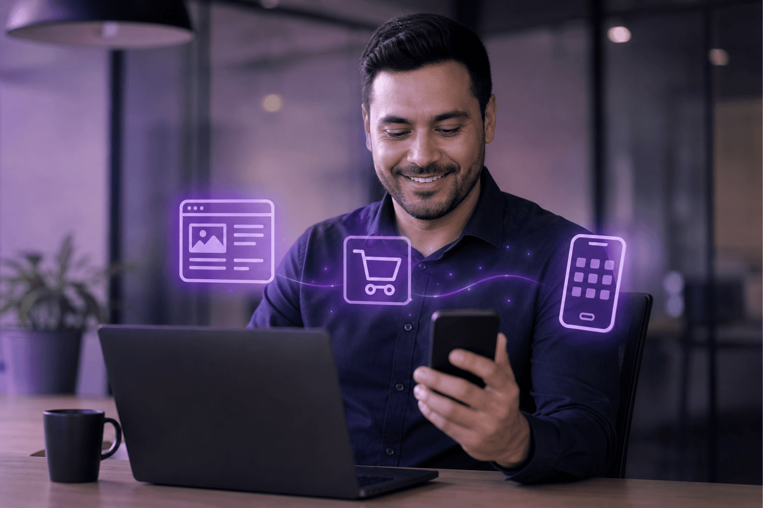 Pessoa usando laptop e smartphone com ícones de sites, e-commerce e aplicativos ao redor